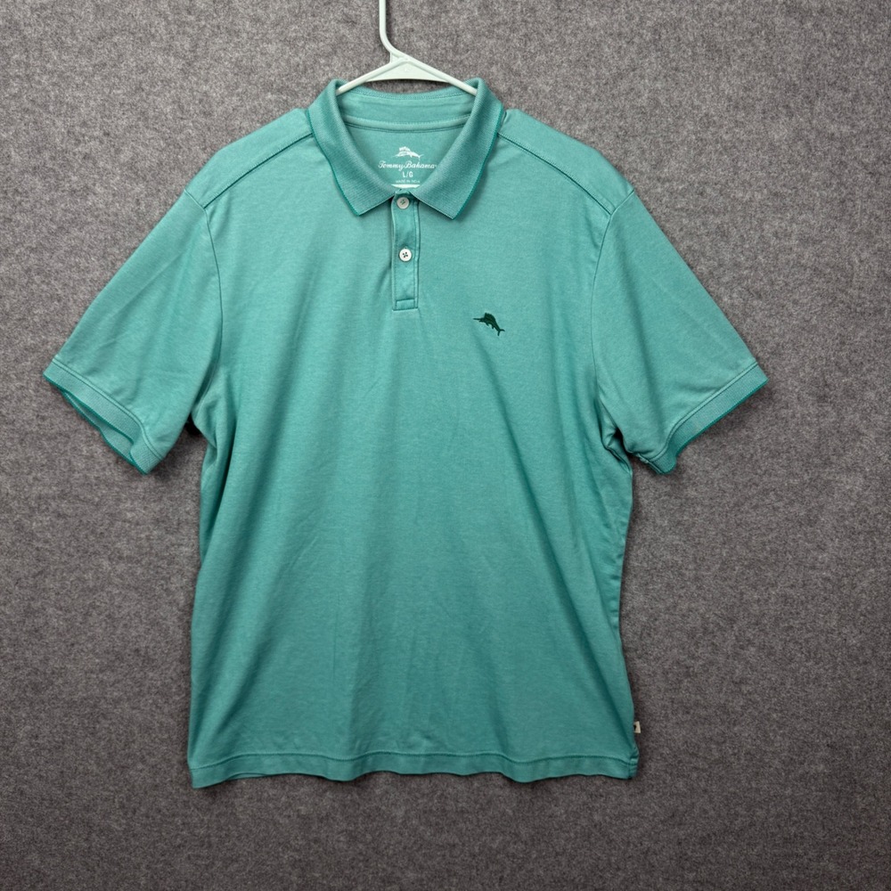 Tommy Bahama Mens Large Teal Green Supima Cotton Blend Short Sleeve Polo Shirt